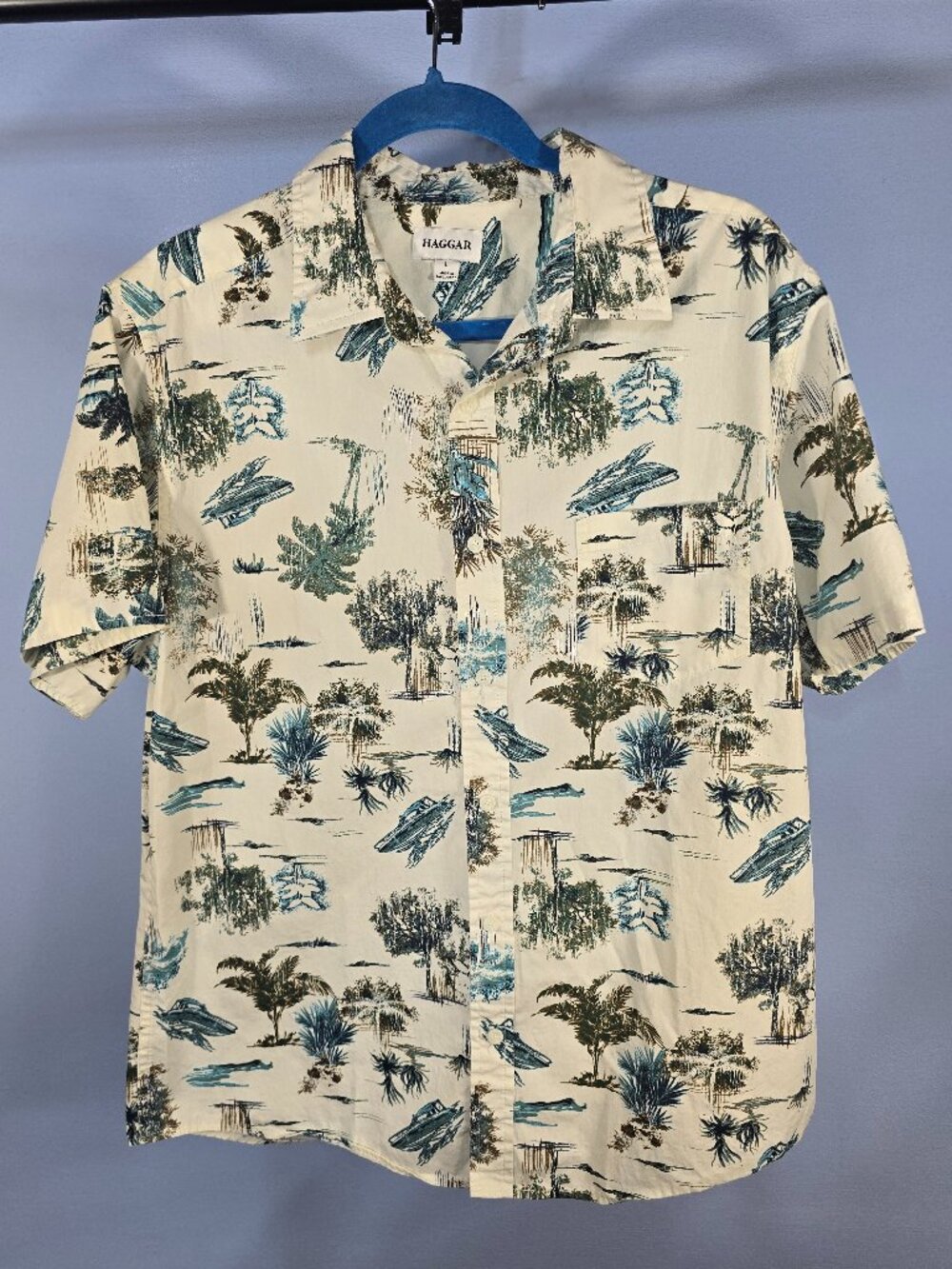 HAGGAR Tropical Print Short Sleeve Button Down Shirt Size L (QQ-20)
